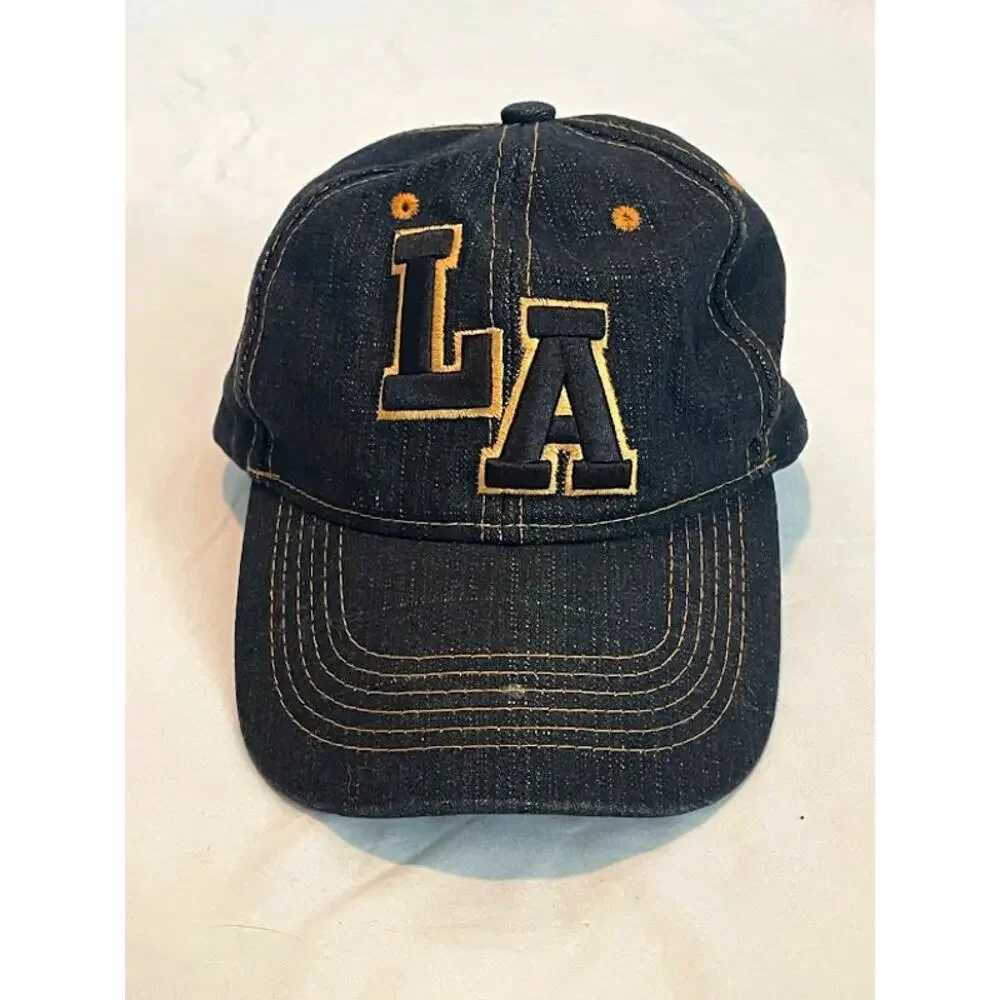 LA Los Angeles Denim Baseball Hat Cap Blue Dark Wash Distressed Gold Stitch